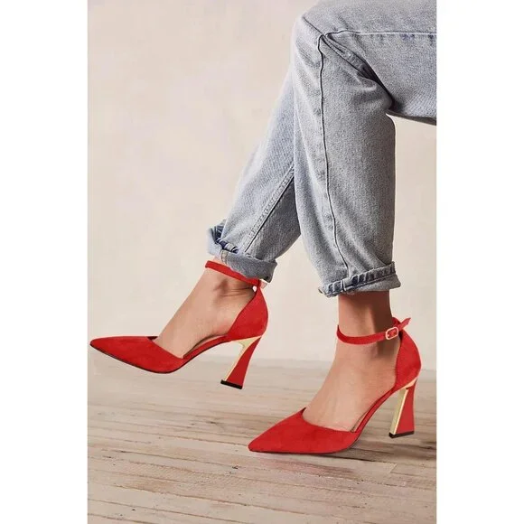 Women's Red Point Closed Toe Buckle Ankle Strap Comfortable Stylish Pumps Heel - Picture 4 of 5